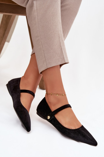 Velvet Ballerinas With Strap And Golden Detail Black Gisanne