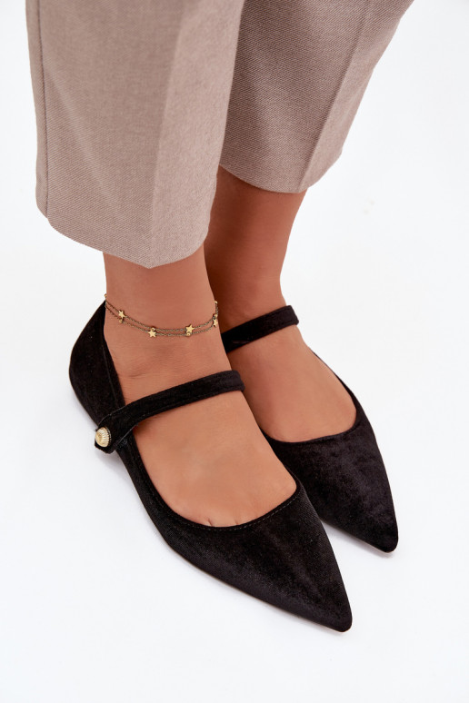 Velvet Ballerinas With Strap And Golden Detail Black Gisanne