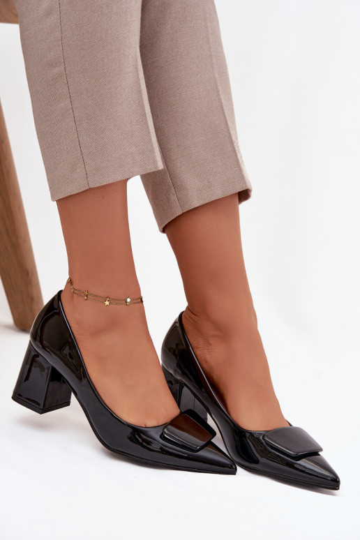 Patent Leather Heeled Shoes with Embellishment Black Isoline