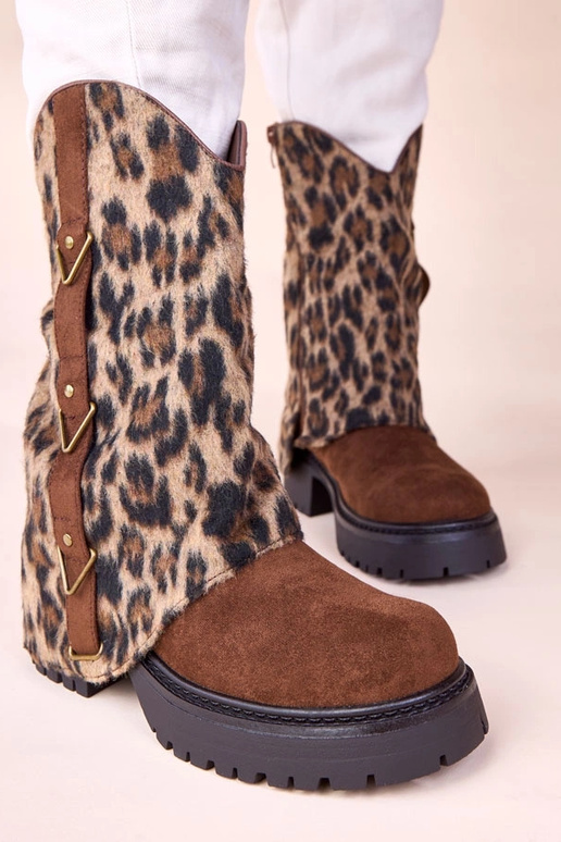 Brązowe botki z panterkową wywiniętą...