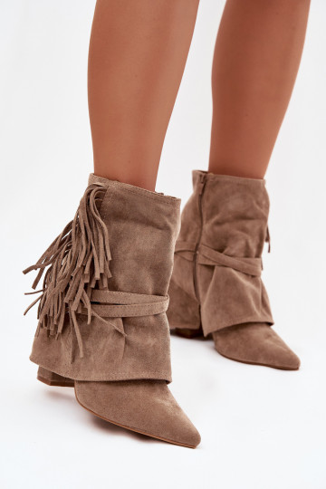 Women's ankle boots with heel with fringes and gold buckles beige Evelisse 2