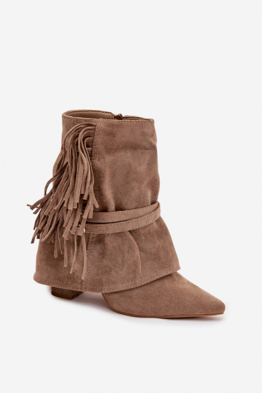 Women's ankle boots with heel with fringes and gold buckles beige Evelisse