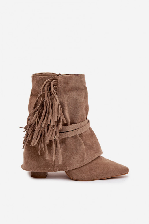 Women's ankle boots with heel with fringes and gold buckles beige Evelisse
