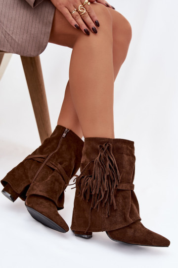 Women's heeled ankle boots with fringes and gold buckles brown Evelisse Botki Damskie