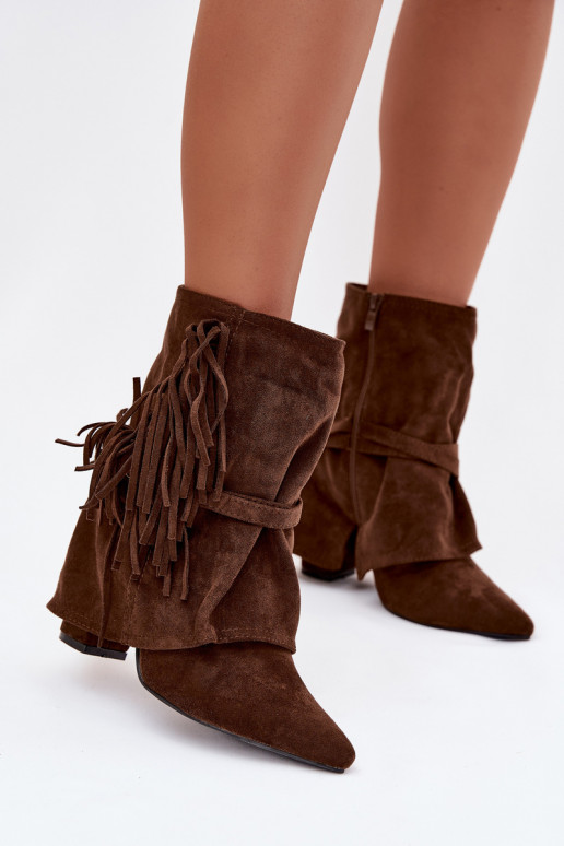 Women's heeled ankle boots with fringes and gold buckles brown Evelisse Botki Damskie