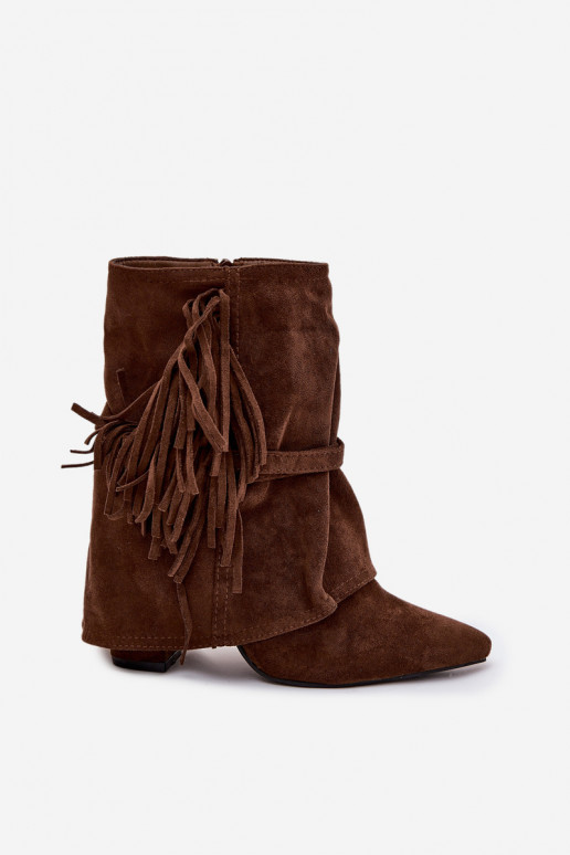 Women's heeled ankle boots with fringes and gold buckles brown Evelisse Botki Damskie