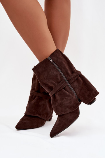 Women's heeled ankle boots with fringes and golden buckles chocolate Evelisse 2