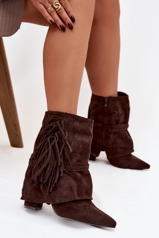 Women's heeled ankle boots with fringes and golden buckles chocolate Evelisse