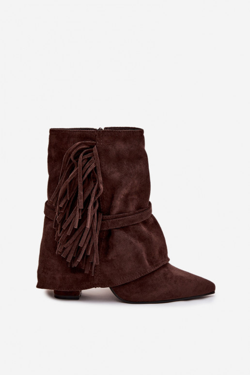 Women's heeled ankle boots with fringes and golden buckles chocolate Evelisse