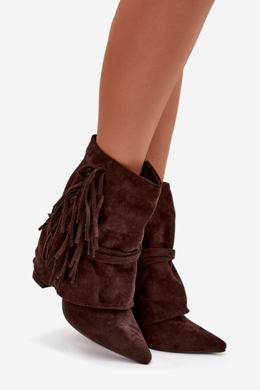 Women's heeled ankle boots with fringes and golden buckles chocolate Evelisse