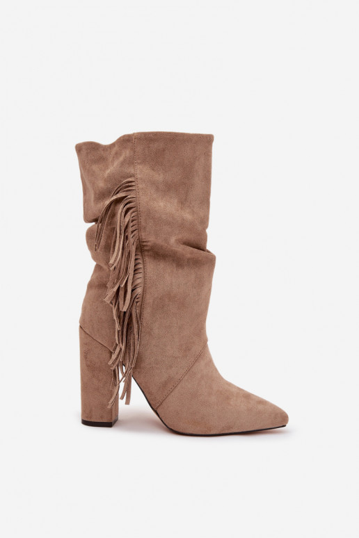 Women's Block Heel Boots with Fringes and Ruching Insulated Beige Darlina