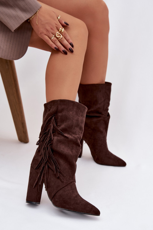 Women's Ankle Boots On Heel With Fringes And Gathering Warm Chocolate Darlina