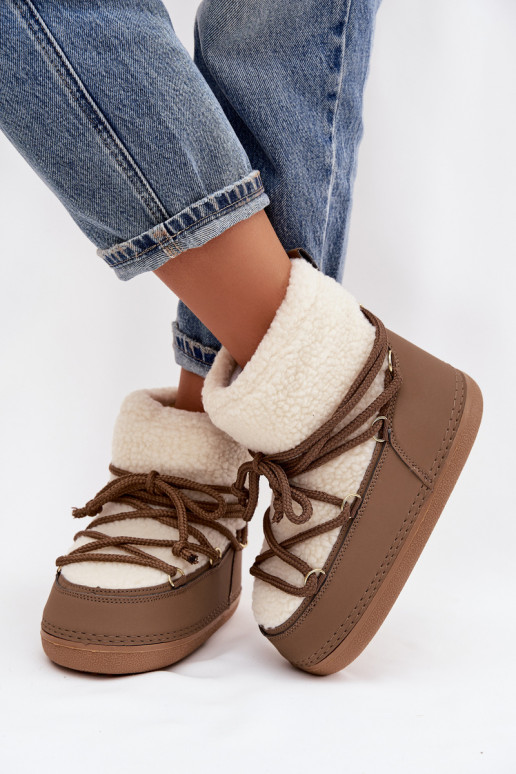Women's Snow Boots With Sheepskin Lining Lace-up Dark Beige Belira