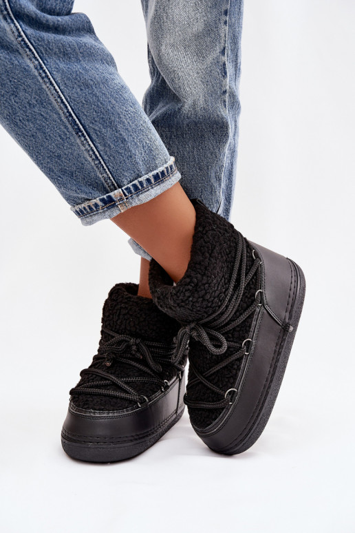 Śniegowce DamskiewithFuterkiem Typu Baranek Wiązane Czarne Belira