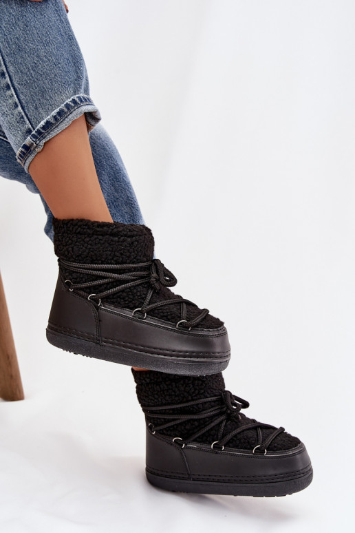 Women's Snow Boots with Sheepskin Type Fur Laced Black Belira