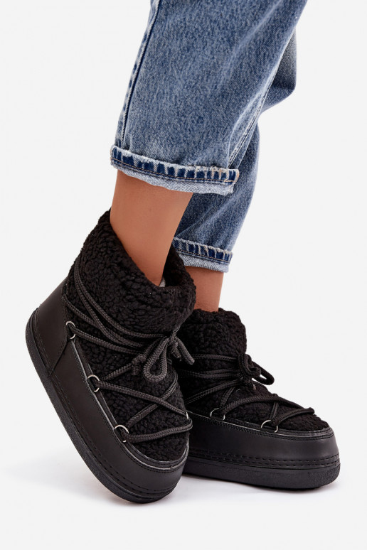 Women's Snow Boots with Sheepskin Type Fur Laced Black Belira