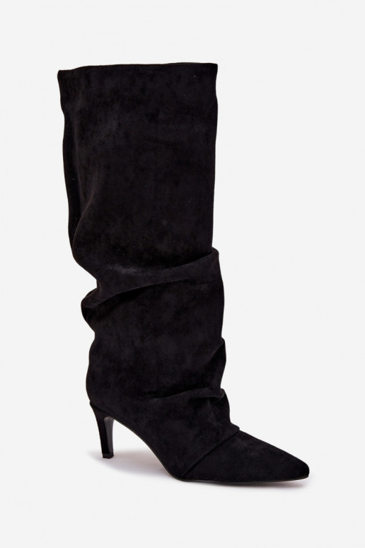 Wrinkled High Heel Boots Made of Eco Suede Lined Black Mavella