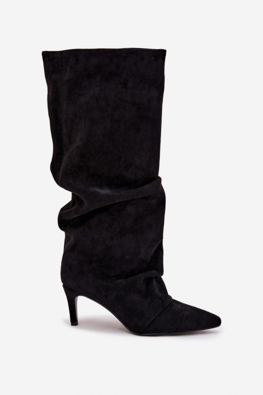Wrinkled High Heel Boots Made of Eco Suede Lined Black Mavella