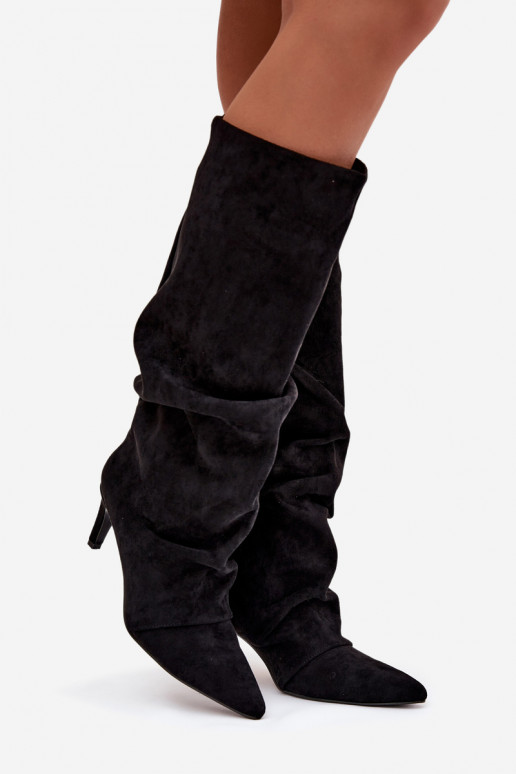 Wrinkled High Heel Boots Made of Eco Suede Lined Black Mavella