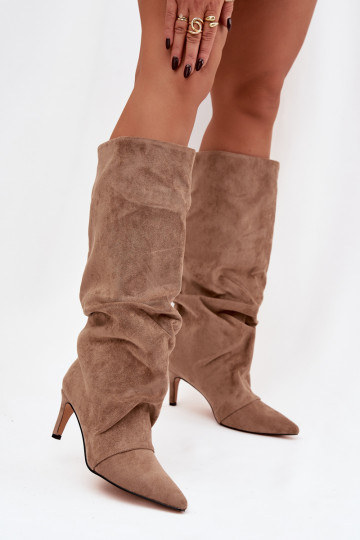 Wrinkled Boots on Heel Made of Eco Suede Lined Beige Mavella 2
