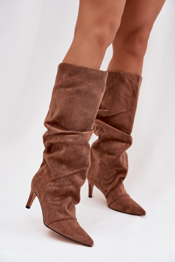 Wrinkled High Heel Boots Made of Eco Suede Lined Dark Beige Mavella