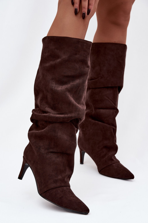 Wrinkled High Heel Boots Made of Eco Suede Insulated Chocolate Mavella