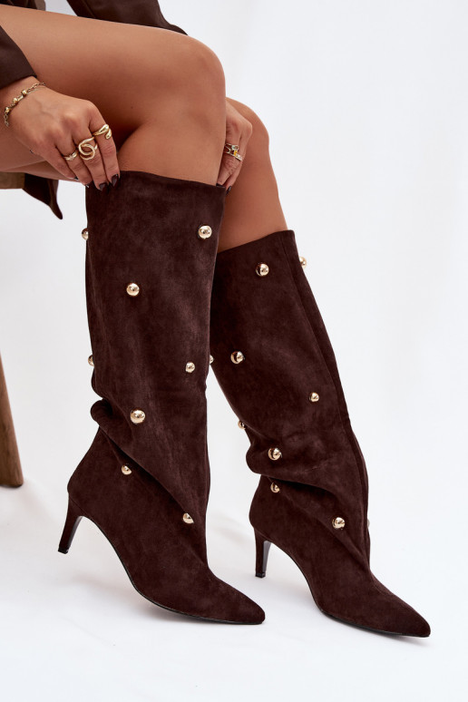 Slip On Women's Boots On Heel With Gold Decorations Chocolate Thaliane