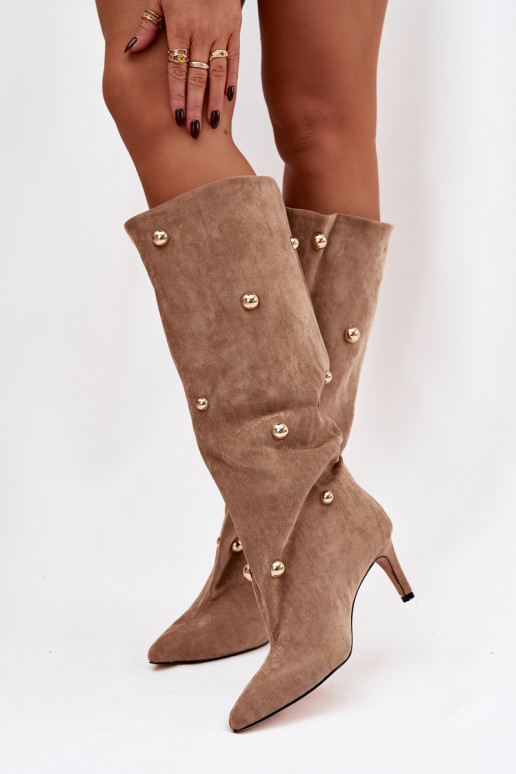 Wsuwane Kozaki Damskie Na Szpilce Ze Złotymi Ozdobami Beżowe Thaliane