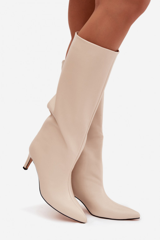 Kozaki Damskie Wsuwane Ocieplane Na Szpilce Jasnobeżowe Olivienne