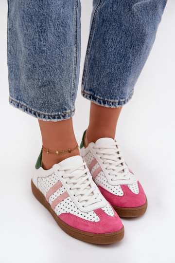 Leather perforated women's sneakers Zazoo N1318 White-Pink