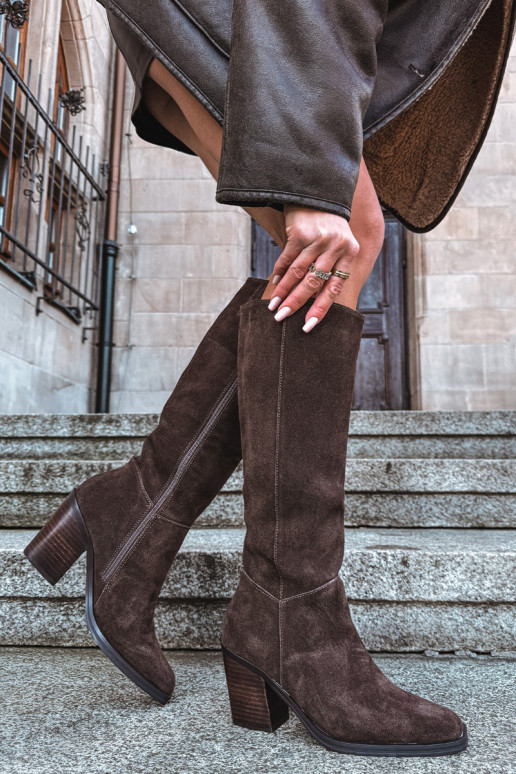 Suede Knee High Boots With Zip Chocolate Lissara