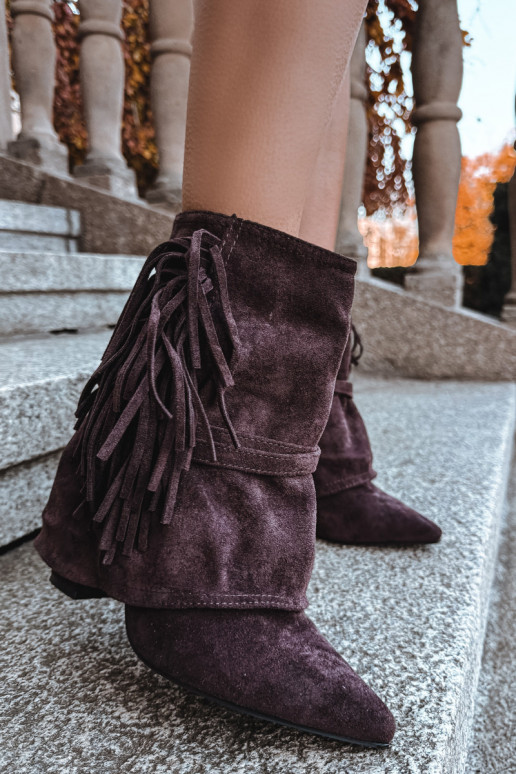 Women's heeled ankle boots with fringes and golden buckles chocolate Evelisse