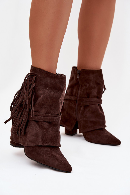 Women's heeled ankle boots with fringes and golden buckles chocolate Evelisse