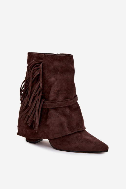 Women's heeled ankle boots with fringes and golden buckles chocolate Evelisse