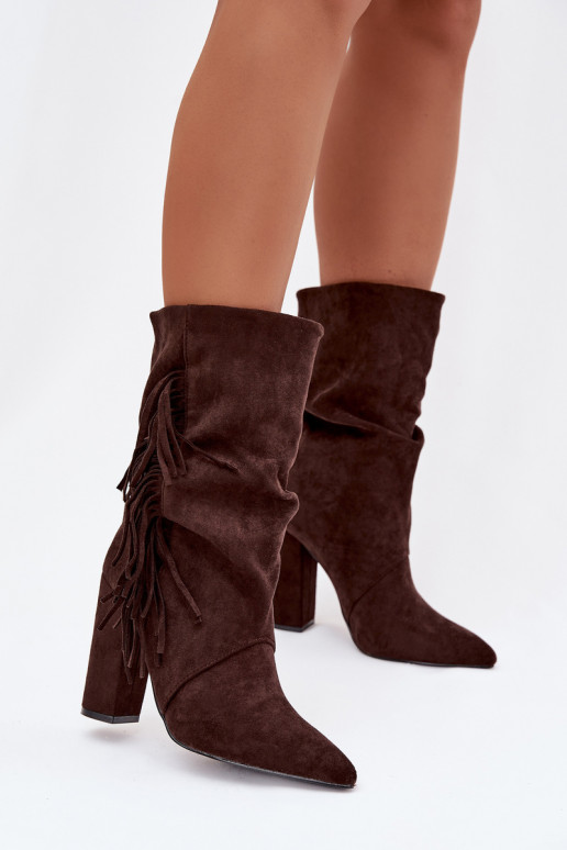 Women's Ankle Boots On Heel With Fringes And Gathering Warm Chocolate Darlina