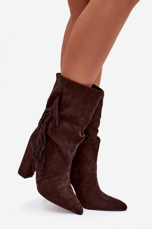 Women's Ankle Boots On Heel With Fringes And Gathering Warm Chocolate Darlina