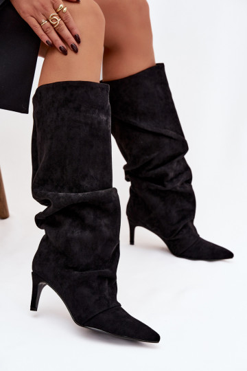 Wrinkled High Heel Boots Made of Eco Suede Lined Black Mavella