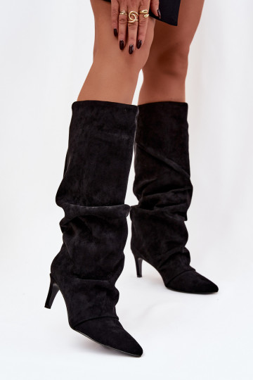 Wrinkled High Heel Boots Made of Eco Suede Lined Black Mavella 2
