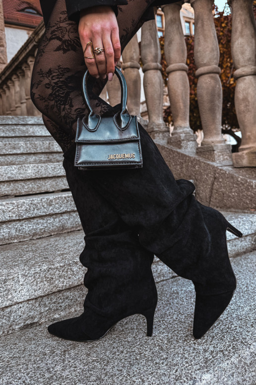 Wrinkled High Heel Boots Made of Eco Suede Lined Black Mavella