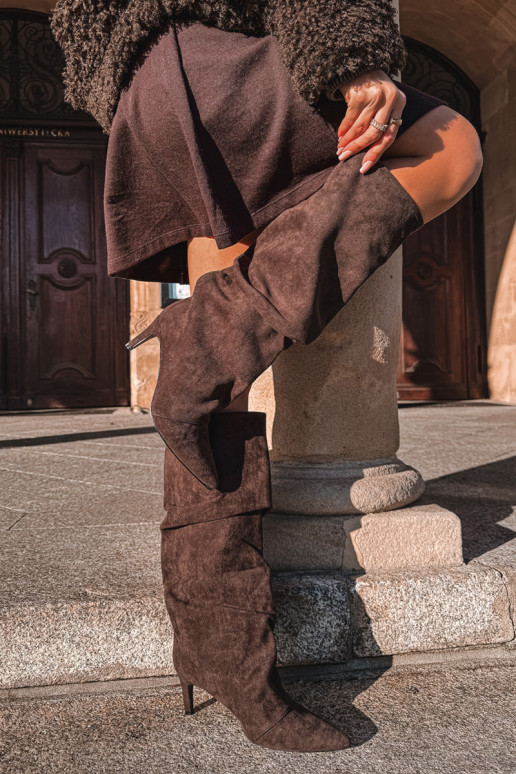 Wrinkled High Heel Boots Made of Eco Suede Insulated Chocolate Mavella