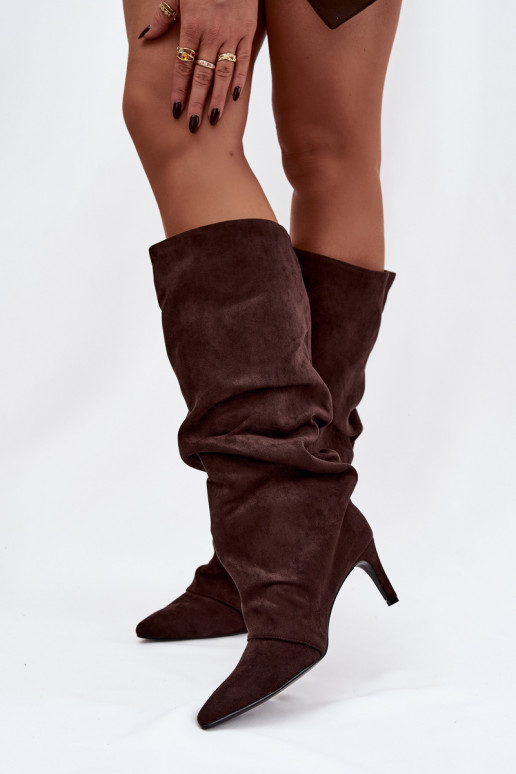 Wrinkled High Heel Boots Made of Eco Suede Insulated Chocolate Mavella