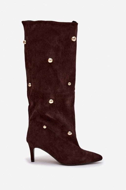 Slip On Women's Boots On Heel With Gold Decorations Chocolate Thaliane