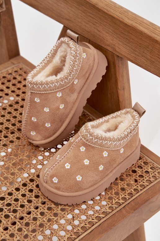 Children's snow boots with flowers lined with fur beige Palina