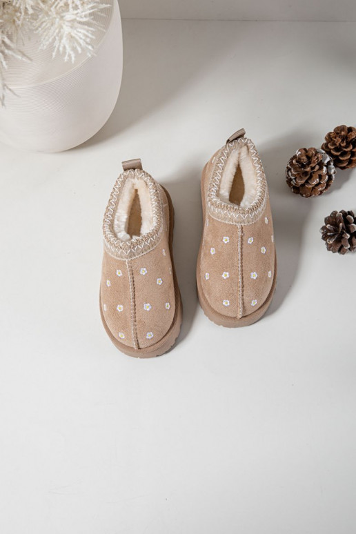Children's snow boots with flowers lined with fur beige Palina