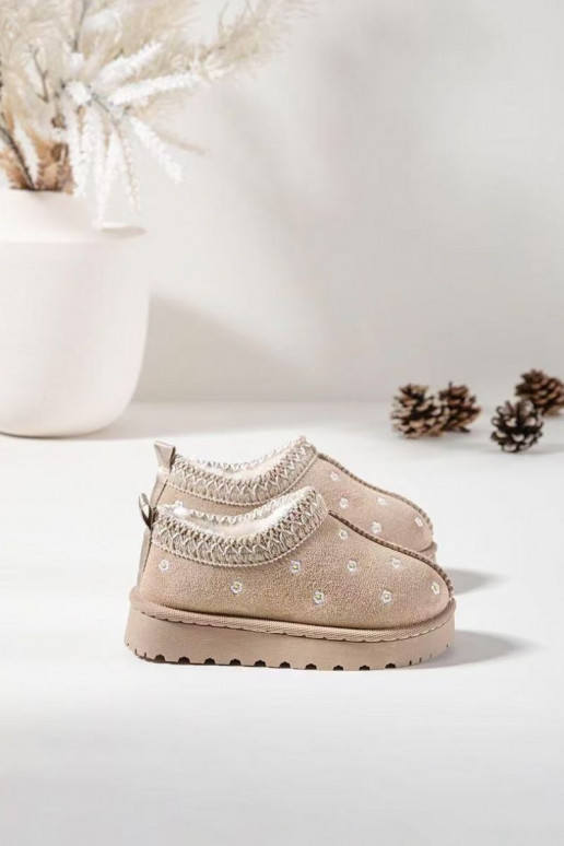 Children's snow boots with flowers lined with fur beige Palina