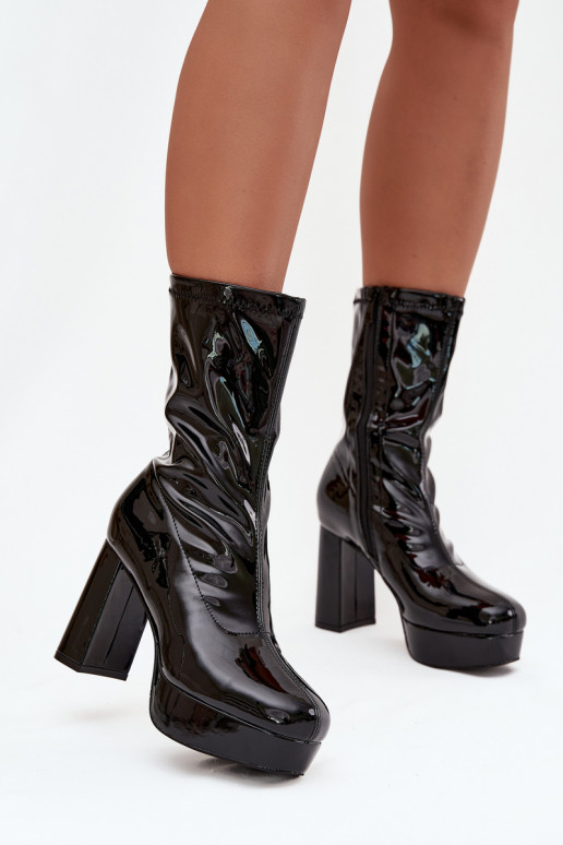 Patent leather women's ankle boots on platform and wedge heel black Calvessa