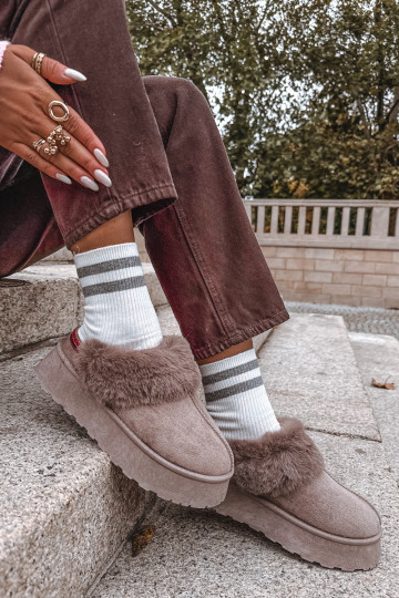 Women's snow boots on platform with fur and embroidery dark beige Querina