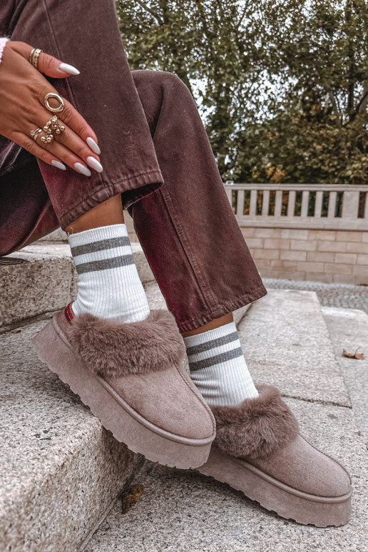 Women's snow boots on platform with fur and embroidery dark beige Querina