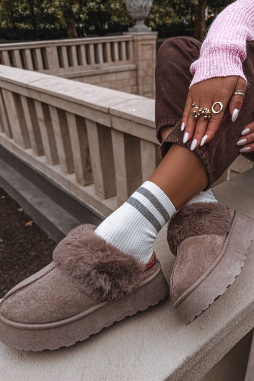 Women's snow boots on platform with fur and embroidery dark beige Querina