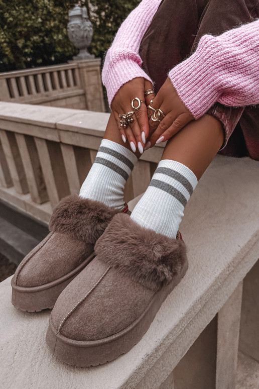 Women's snow boots on platform with fur and embroidery dark beige Querina